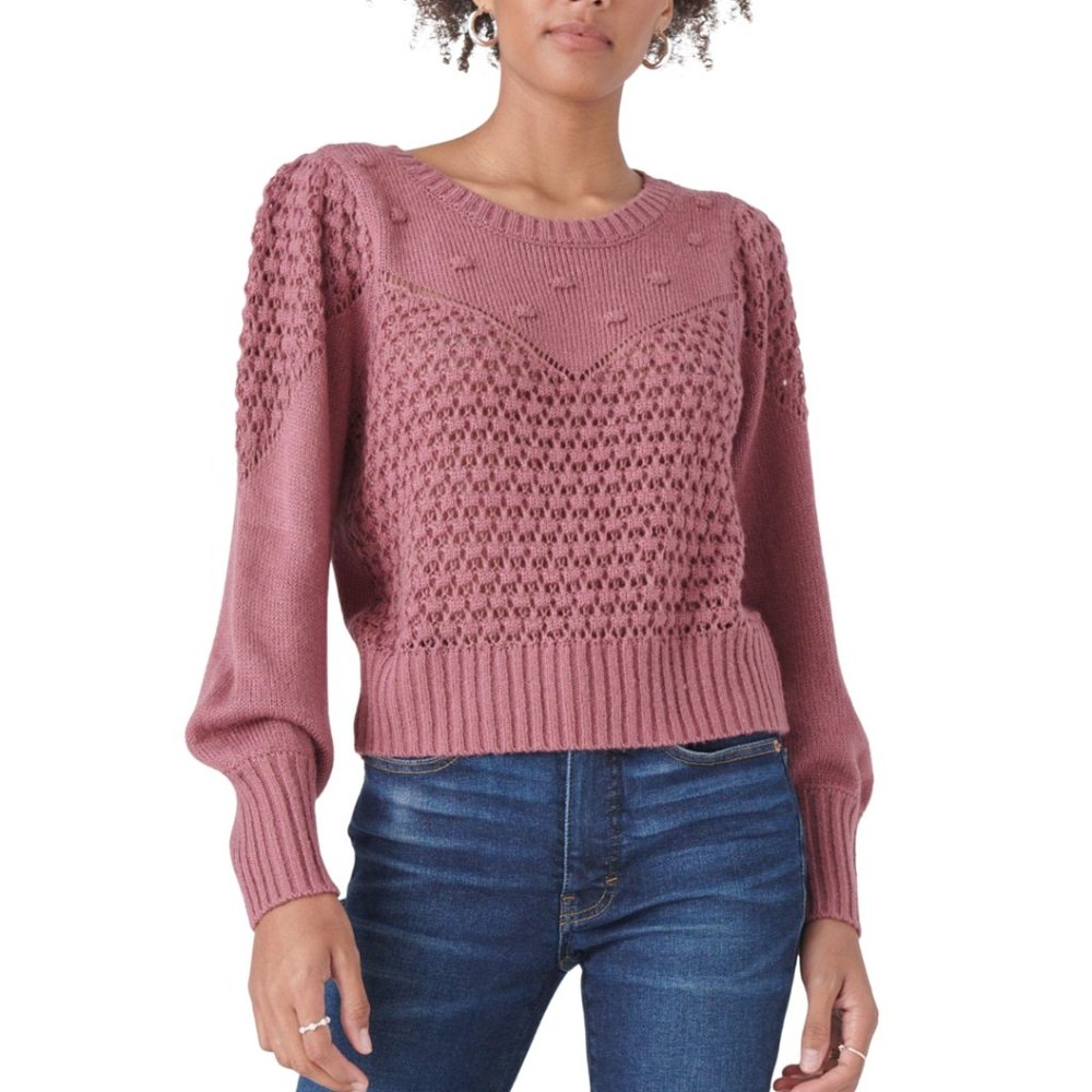 Lucky Brand Mauve Pink Crocheted Crewneck Sweater